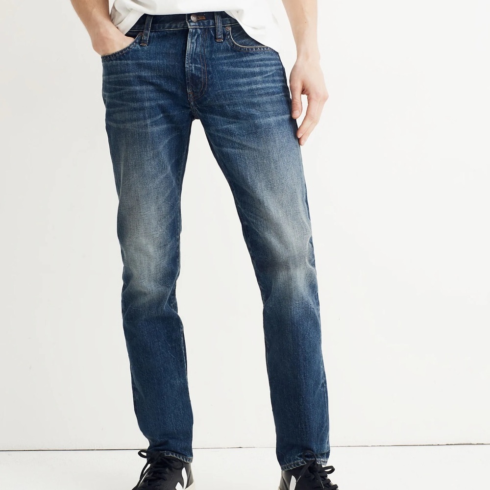 Madewell Mens Slim Straight Distressed Knee‎ Denim Jeans